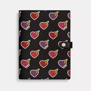NWT Coach Notebook With Heart Bolt Print in Silver Black Multi CW543